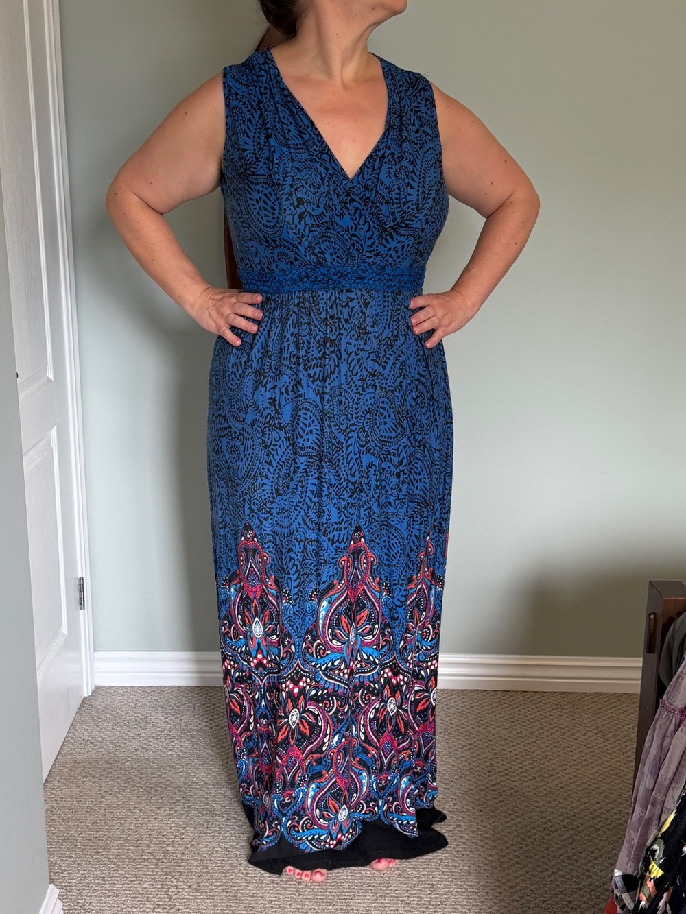 Ricki's Blue Paisley Maxi Dress with Multicolor Hem Border